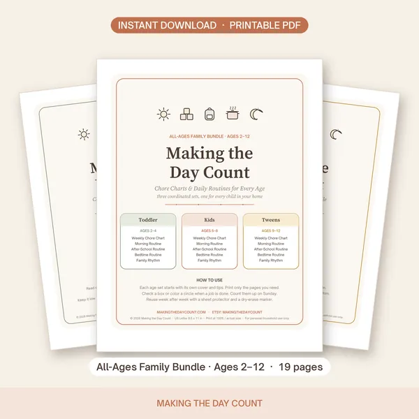 All-Ages Family chore chart bundle with toddler, kids and tween printables for ages 2 to 12