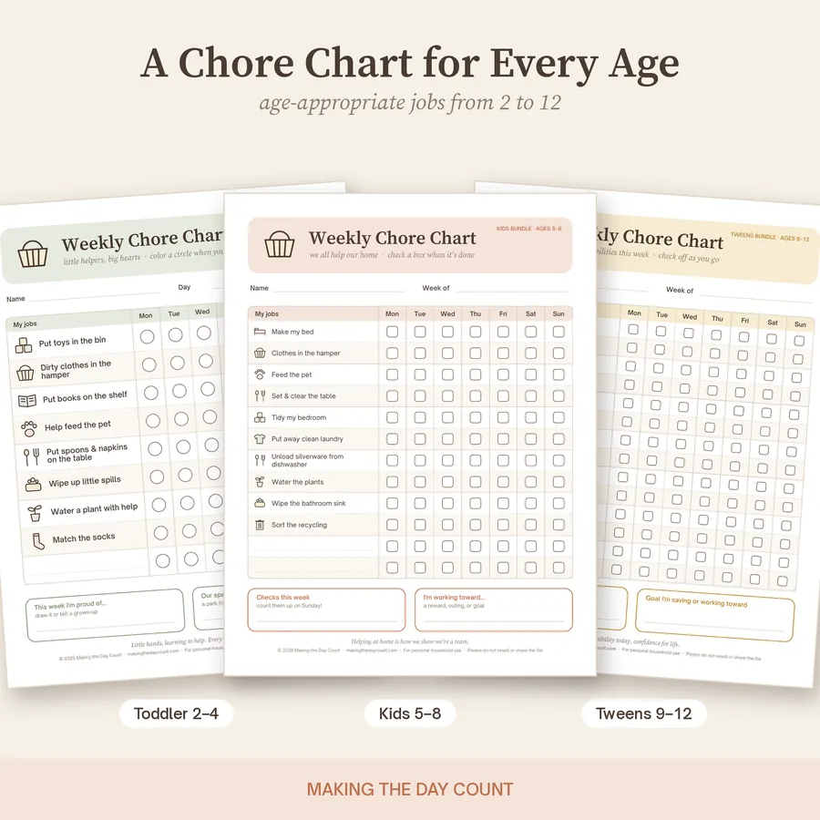 Sample pages: weekly chore charts for toddlers, kids and tweens shown side by side
