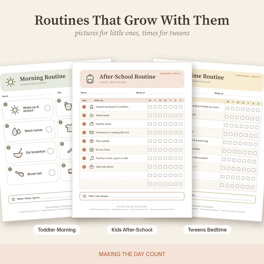 Sample pages: toddler morning routine picture cards, kids after-school routine and tween bedtime routine