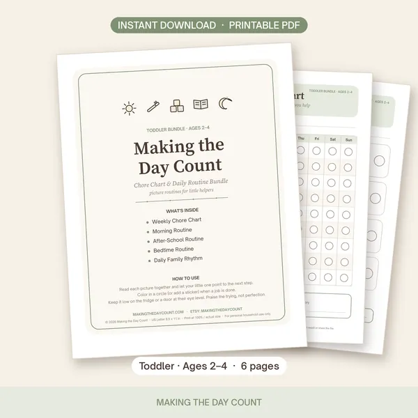 Toddler chore chart and picture routine printable for ages 2 to 4, sage green cover with simple icons