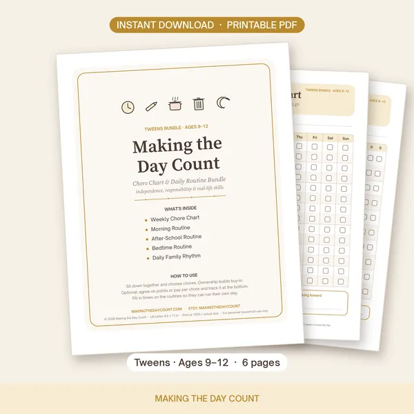 Tween chore chart and routine planner printable for ages 9 to 12 with allowance tracker, mustard cover